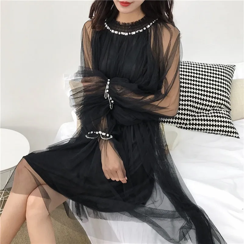 VenusFox Korean Style Elegant Mesh Beading Dresses