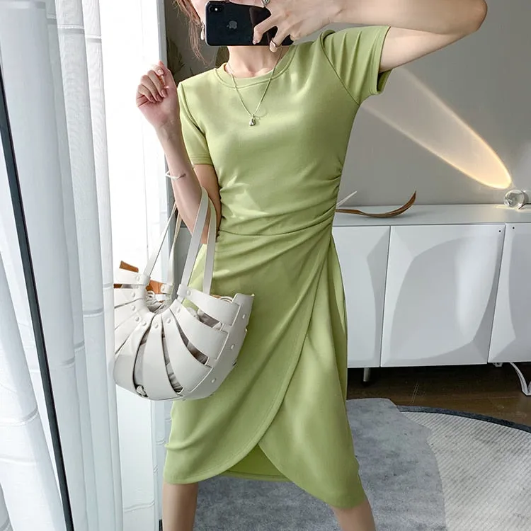 VenusFox Women Summer Dresses High Waist Minimalist Elegant T Shirt Slit