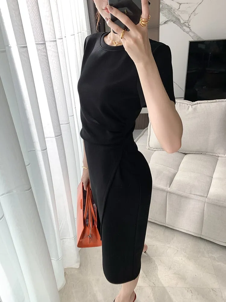 VenusFox Women Summer Dresses High Waist Minimalist Elegant T Shirt Slit