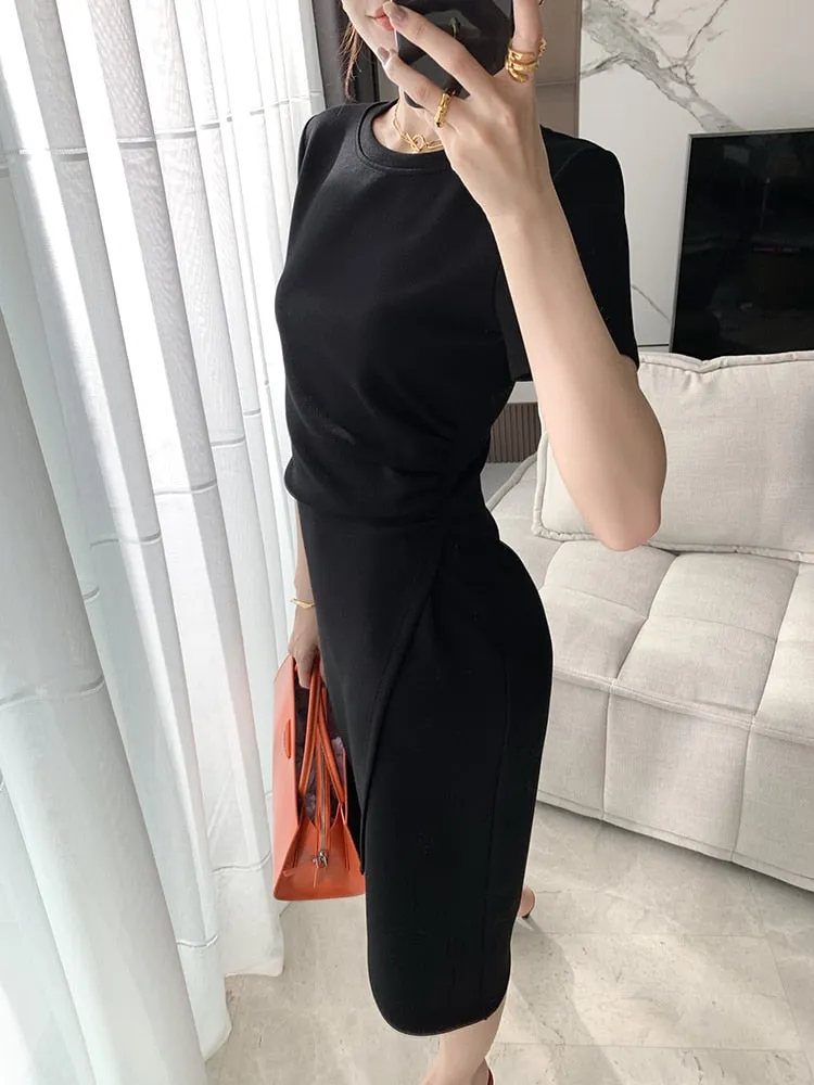 VenusFox Women Summer Dresses High Waist Minimalist Elegant T Shirt Slit