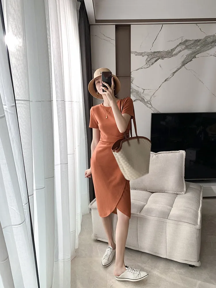 VenusFox Women Summer Dresses High Waist Minimalist Elegant T Shirt Slit