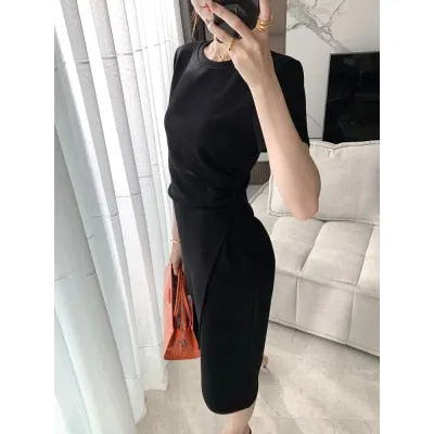 VenusFox Women Summer Dresses High Waist Minimalist Elegant T Shirt Slit