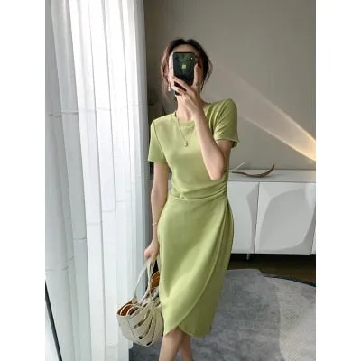 VenusFox Women Summer Dresses High Waist Minimalist Elegant T Shirt Slit