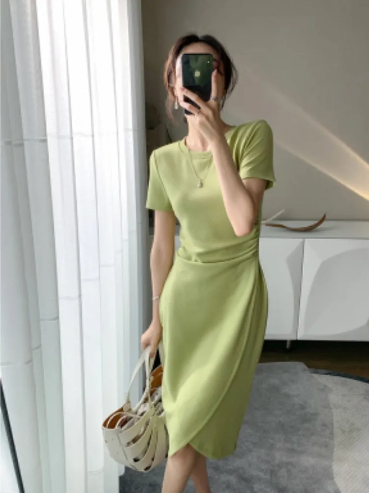 VenusFox Women Summer Dresses High Waist Minimalist Elegant T Shirt Slit