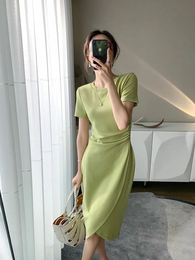 VenusFox Women Summer Dresses High Waist Minimalist Elegant T Shirt Slit