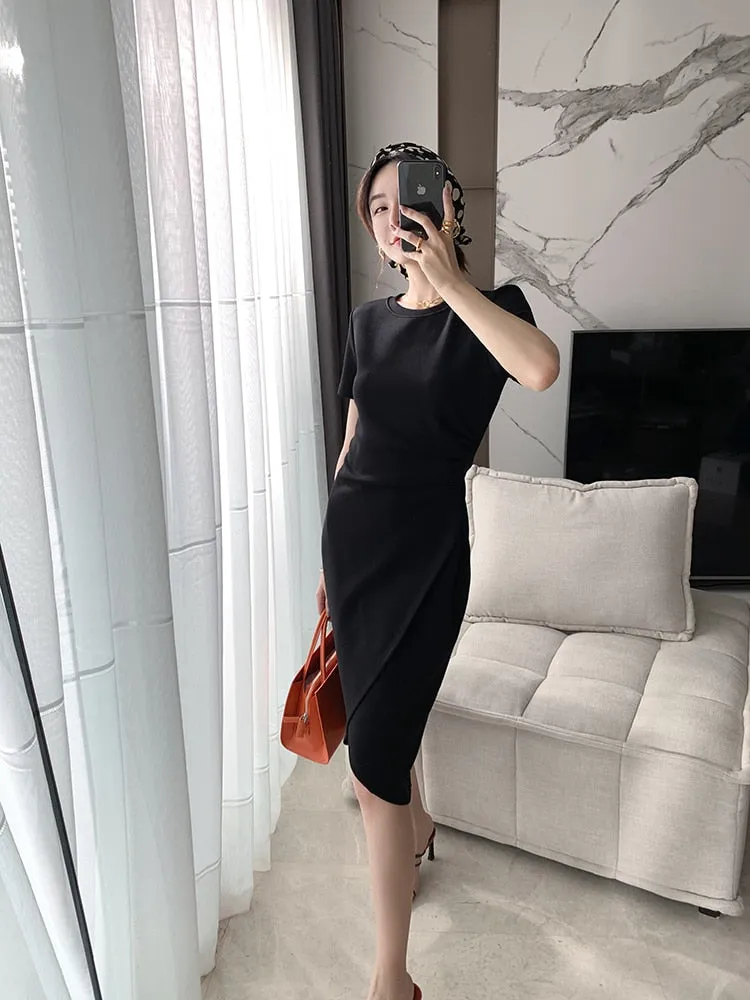 VenusFox Women Summer Dresses High Waist Minimalist Elegant T Shirt Slit