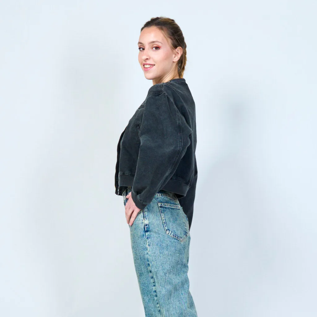 Vintage washed black denim bomber wholesale