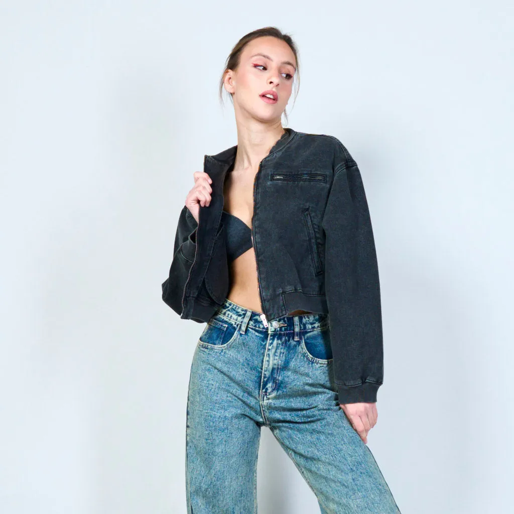 Vintage washed black denim bomber wholesale