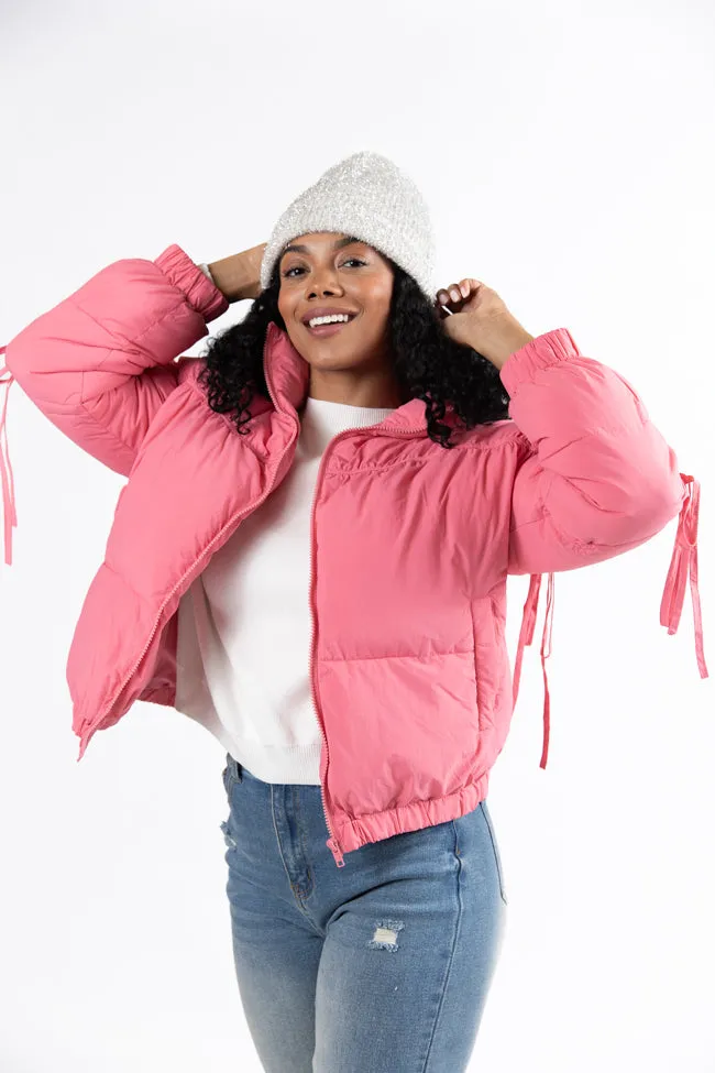 Where You'll Find Me Pink Bow Sleeve Puffer Jacket