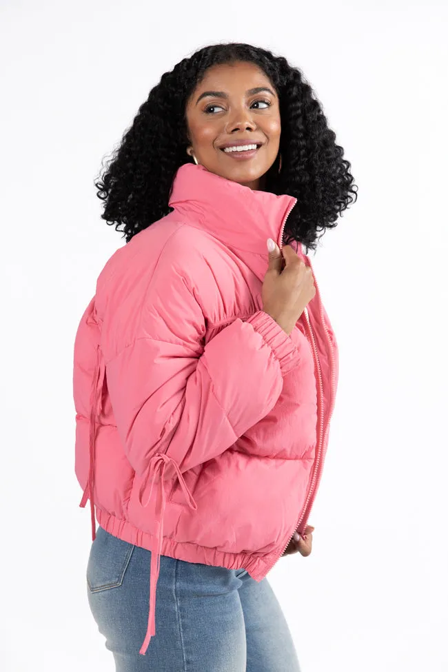 Where You'll Find Me Pink Bow Sleeve Puffer Jacket