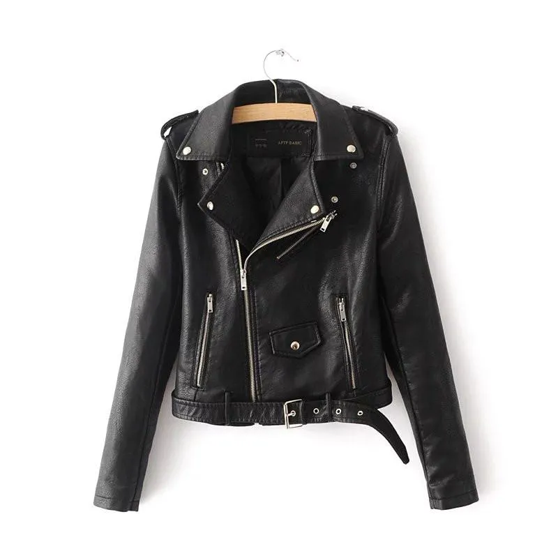 Women Black Brando Belted Leather Jacket with Shoulder Epaulettes