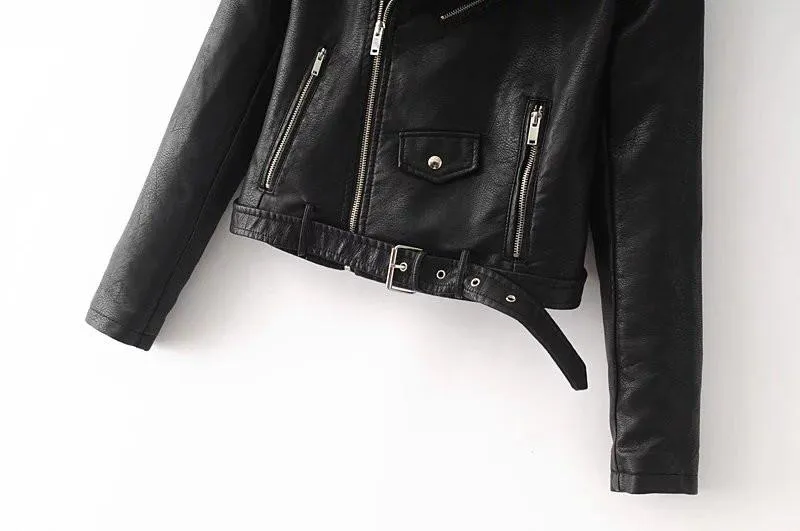 Women Black Brando Belted Leather Jacket with Shoulder Epaulettes