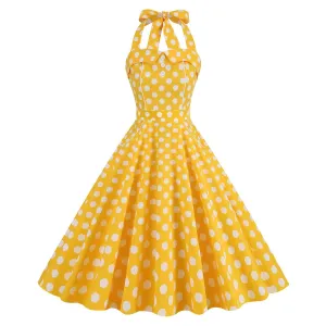 Women Retro Polka Dot Dresses Vintage 1950s Halter Cocktail Prom Rockabilly Dresses