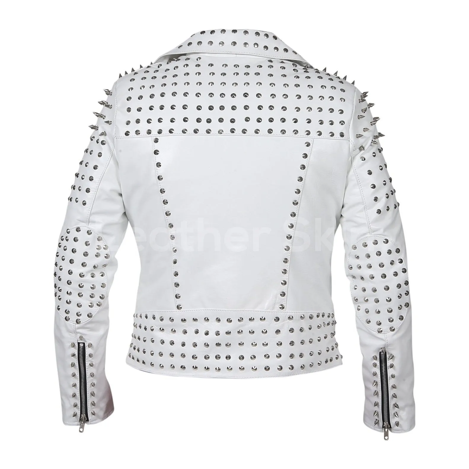 Women White Leather Jacket with Cone Tree Spikes