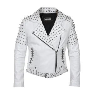 Women White Leather Jacket with Cone Tree Spikes