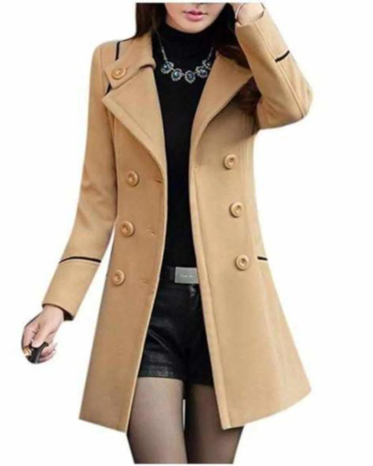 Womens Khaki Tan Double Breasted Light Weight Pea Coat