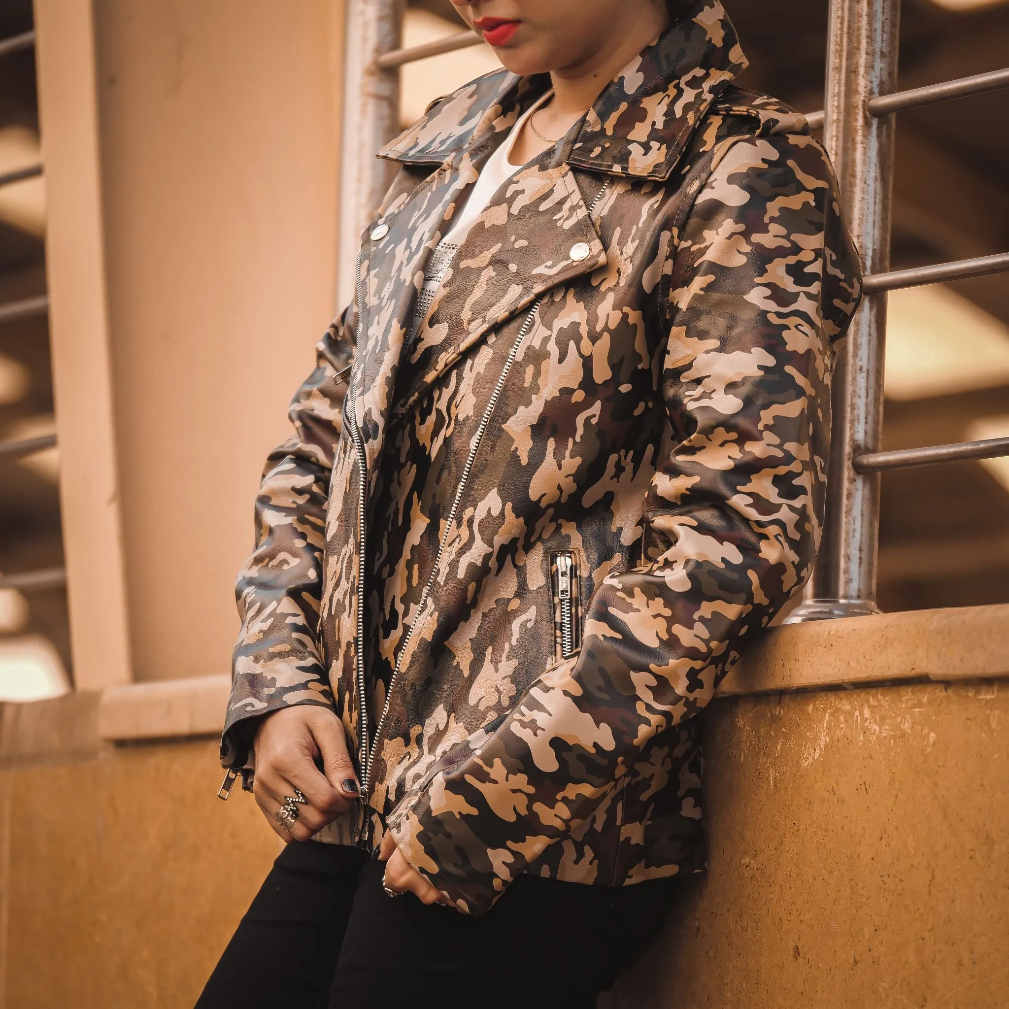 Womens Leather Military Camouflage Print Jacket