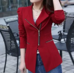 Womens Red Side Zip Gold Accent Long Sleeve Office Blazer Jacket