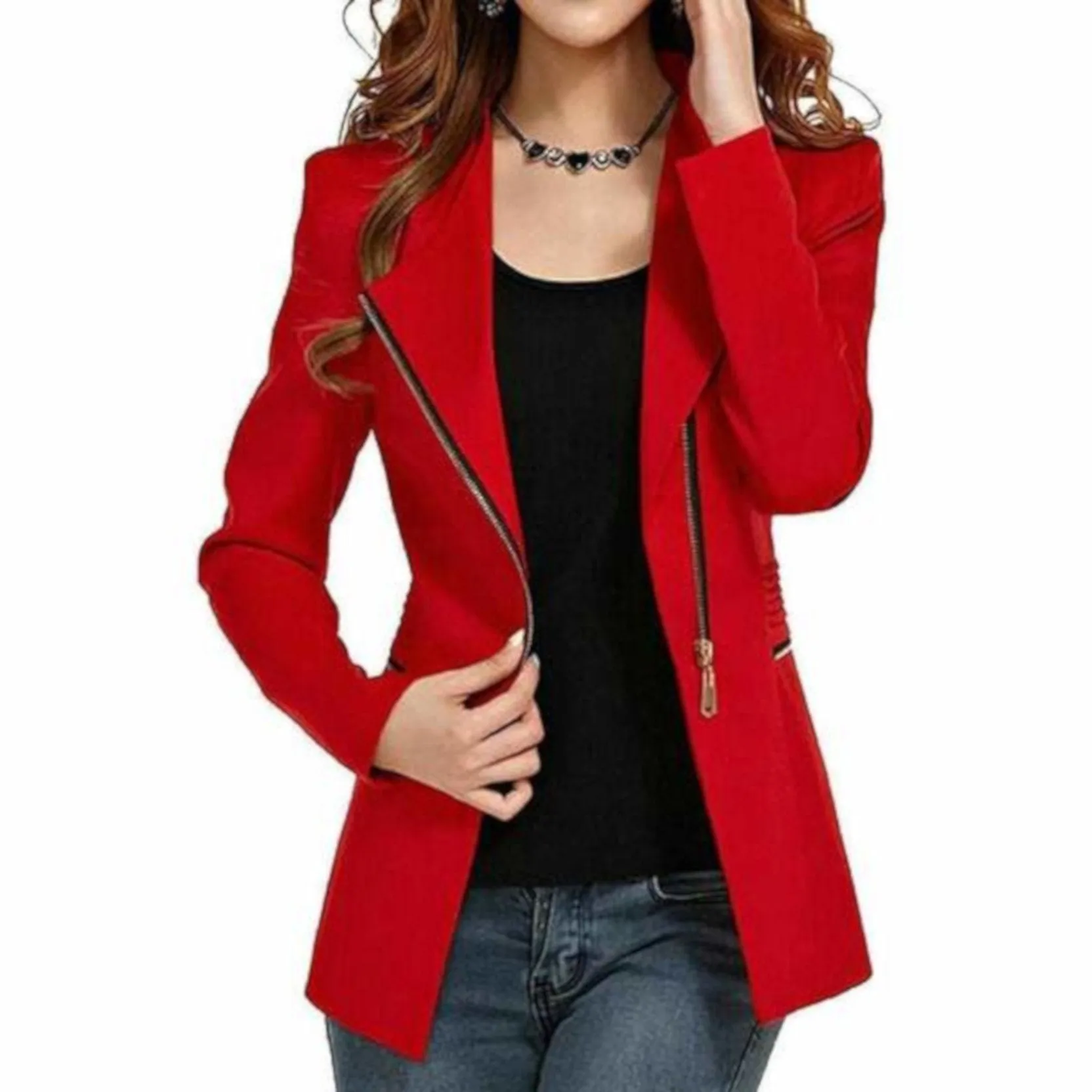 Womens Red Side Zip Gold Accent Long Sleeve Office Blazer Jacket